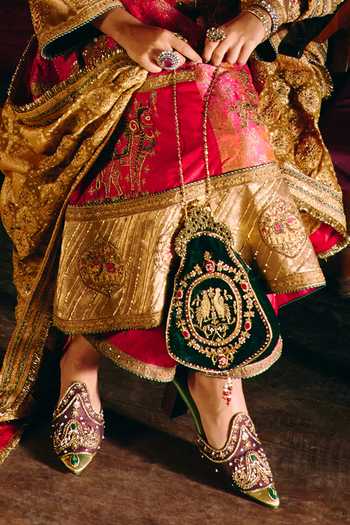 Shop_Aditi Gupta_Gold Silk, Paper V-neck Gulbahar Embroidered Anarkali Set _Online_at_Aza_Fashions