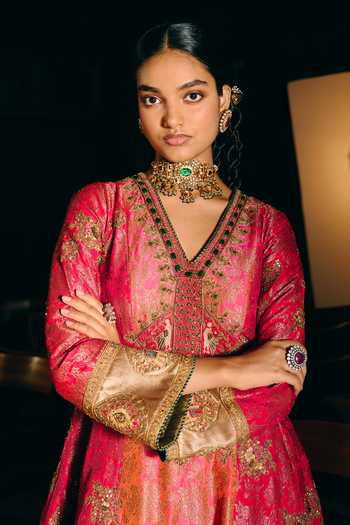 Aditi Gupta_Gold Silk, Paper V-neck Gulbahar Embroidered Anarkali Set _at_Aza_Fashions