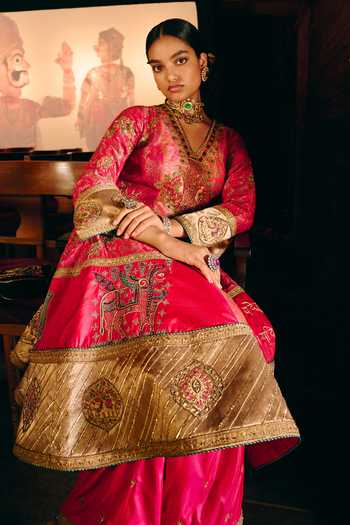 Buy_Aditi Gupta_Gold Silk, Paper V-neck Gulbahar Embroidered Anarkali Set 