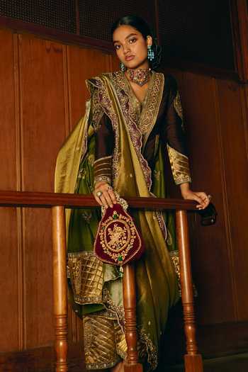 Aditi Gupta_Gold Silk, Tissue V-neck Latika Embroidered Anarkali Set _Online_at_Aza_Fashions