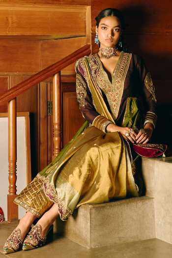 Shop_Aditi Gupta_Gold Silk, Tissue V-neck Latika Embroidered Anarkali Set _Online_at_Aza_Fashions