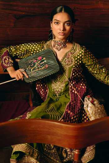 Aditi Gupta_Gold Silk, Tissue V-neck Shakun Embroidered Anarkali Set _Online_at_Aza_Fashions