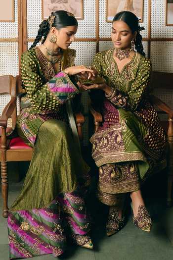 Buy_Aditi Gupta_Gold Silk, Tissue V-neck Shakun Embroidered Anarkali Set _Online_at_Aza_Fashions