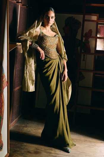 Aditi Gupta Dyuti Olive Green Corset & Draped Skirt Set 