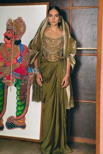 Aditi Gupta Dyuti Olive Green Corset & Draped Skirt Set 