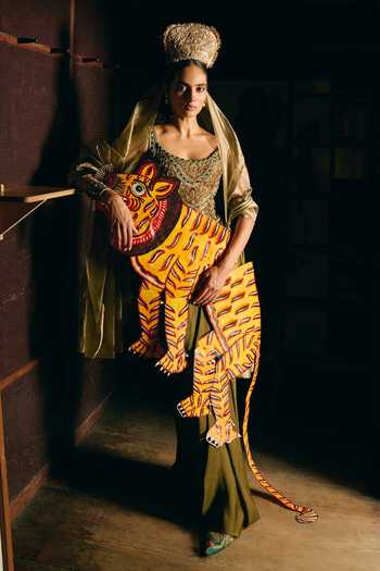 Aditi Gupta_Olive Green Silk, Satin Beads, Zari, Stones Dyuti Corset And Draped Skirt Set _Online_at_Aza_Fashions