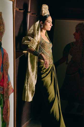Buy_Aditi Gupta_Olive Green Silk, Satin Beads, Zari, Stones Dyuti Corset And Draped Skirt Set _Online_at_Aza_Fashions