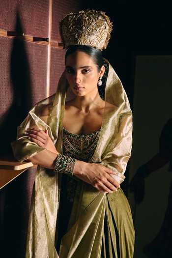 Shop_Aditi Gupta_Olive Green Silk, Satin Beads, Zari, Stones Dyuti Corset And Draped Skirt Set _Online_at_Aza_Fashions