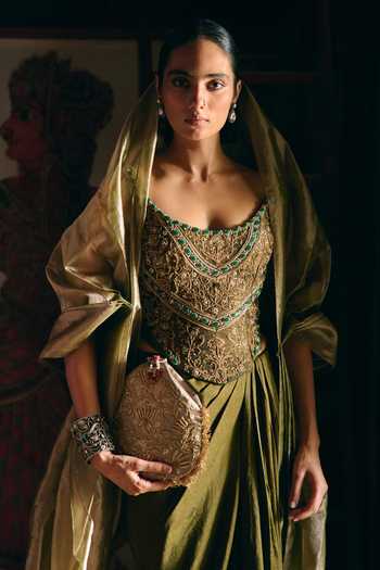 Aditi Gupta_Olive Green Silk, Satin Beads, Zari, Stones Dyuti Corset And Draped Skirt Set _at_Aza_Fashions