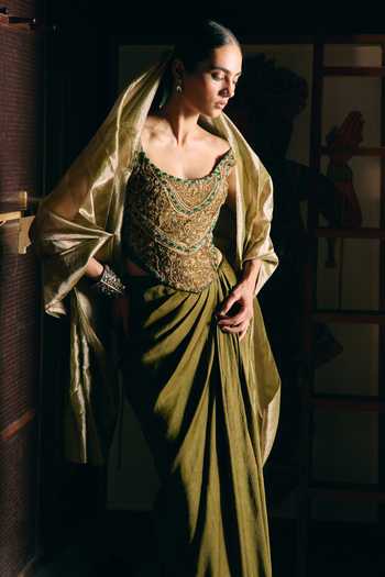 Buy_Aditi Gupta_Olive Green Silk, Satin Beads, Zari, Stones Dyuti Corset And Draped Skirt Set 