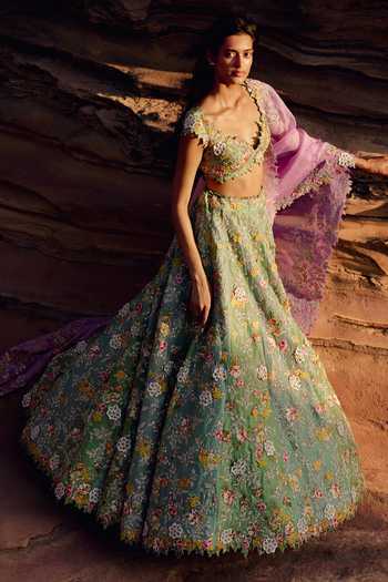 Anushree Reddy Blue Organza Sweetheart Neck Utsa Embroidered Bridal Lehenga Set Online at Aza Fashions Anushree Reddy_Blue Organza Sweetheart Neck Utsa Embroidered Bridal Lehenga Set _Online_at_Aza_Fashions