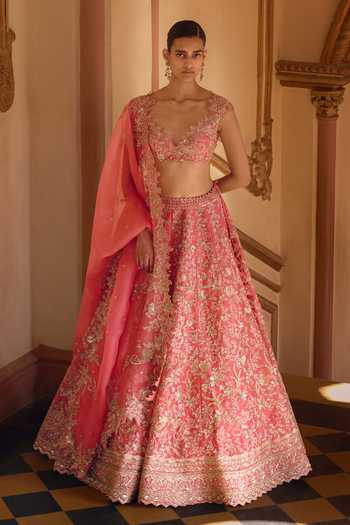 Anushree Reddy_Pink Organza V-neck Advika Embroidered Lehenga Set _Online_at_Aza_Fashions