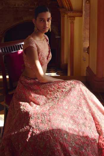 Buy_Anushree Reddy_Pink Organza V-neck Advika Embroidered Lehenga Set _Online_at_Aza_Fashions
