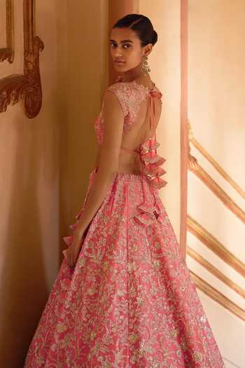 Shop_Anushree Reddy_Pink Organza V-neck Advika Embroidered Lehenga Set _Online_at_Aza_Fashions