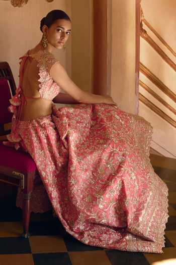 Anushree Reddy_Pink Organza V-neck Advika Embroidered Lehenga Set _at_Aza_Fashions