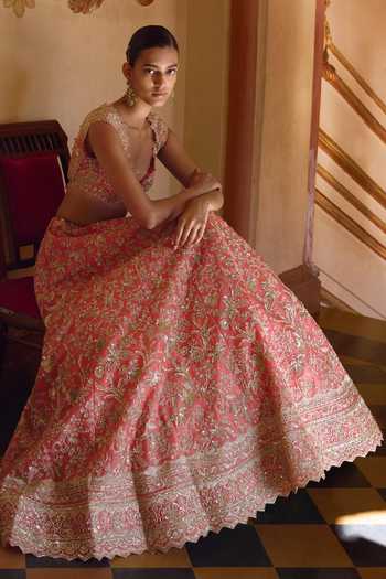 Buy_Anushree Reddy_Pink Organza V-neck Advika Embroidered Lehenga Set 