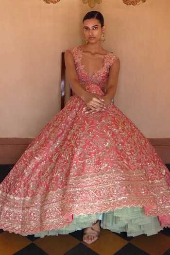 Shop_Anushree Reddy_Pink Organza V-neck Advika Embroidered Lehenga Set 