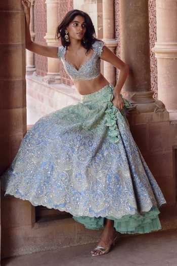 Buy_Anushree Reddy_Blue Organza Sweetheart Neck Smiti Embroidered Bridal Lehenga Set _Online_at_Aza_Fashions