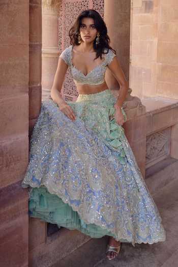 Shop_Anushree Reddy_Blue Organza Sweetheart Neck Smiti Embroidered Bridal Lehenga Set _Online_at_Aza_Fashions