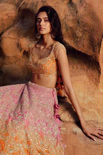 Shop_Anushree Reddy_Pink Organza Sweetheart Neck Ritie Embroidered Bridal Lehenga Set _Online_at_Aza_Fashions