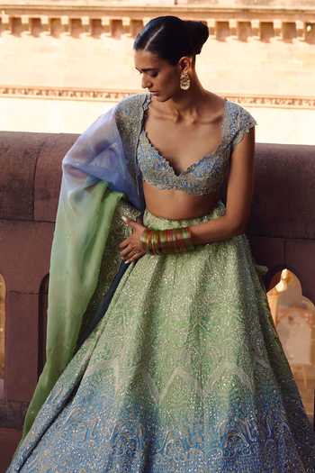 Anushree Reddy_Blue Organza V-neck Ombre Crystal Work Lehenga Set _Online_at_Aza_Fashions