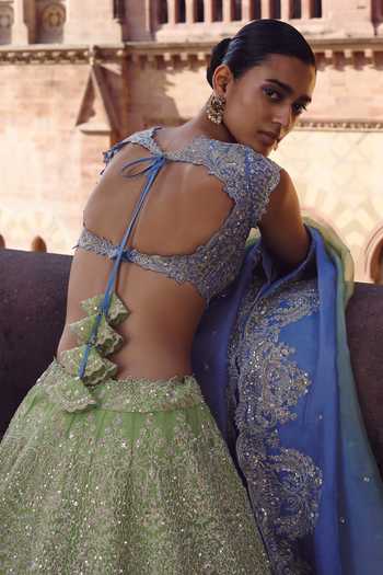 Buy_Anushree Reddy_Blue Organza V-neck Ombre Crystal Work Lehenga Set _Online_at_Aza_Fashions
