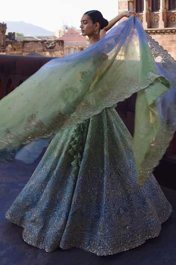 Shop_Anushree Reddy_Blue Organza V-neck Ombre Crystal Work Lehenga Set _Online_at_Aza_Fashions