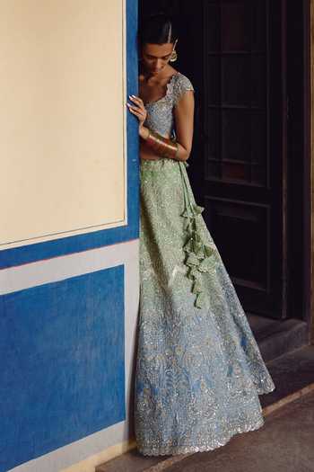 Anushree Reddy_Blue Organza V-neck Ombre Crystal Work Lehenga Set _at_Aza_Fashions