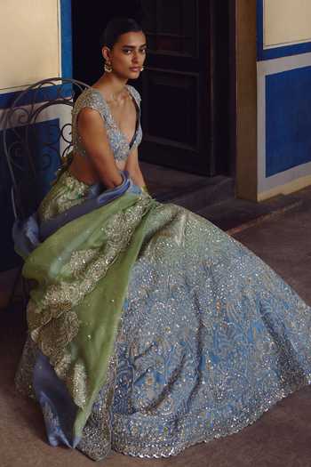 Buy_Anushree Reddy_Blue Organza V-neck Ombre Crystal Work Lehenga Set 