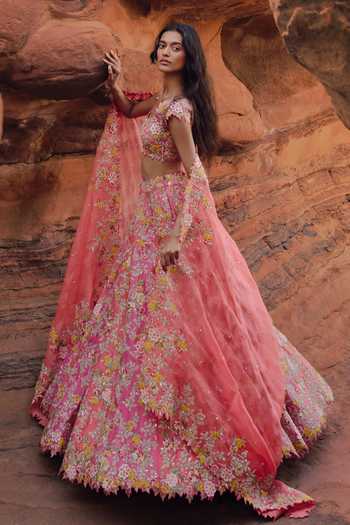 Anushree Reddy_Pink Organza V-neck Utsa Embroidered Bridal Lehenga Set _Online_at_Aza_Fashions