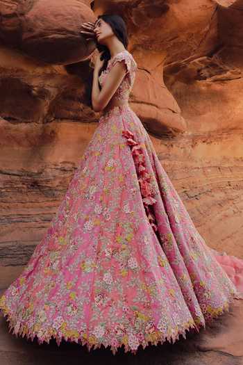Buy_Anushree Reddy_Pink Organza V-neck Utsa Embroidered Bridal Lehenga Set _Online_at_Aza_Fashions
