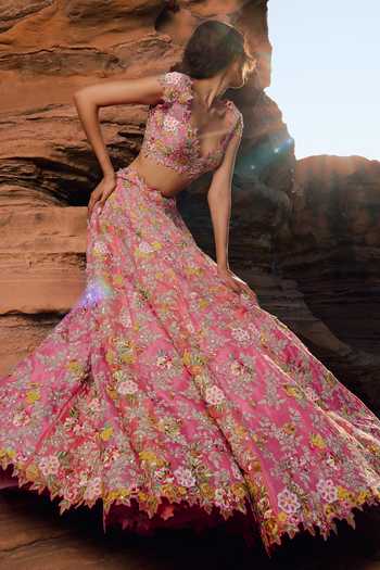 Shop_Anushree Reddy_Pink Organza V-neck Utsa Embroidered Bridal Lehenga Set _Online_at_Aza_Fashions