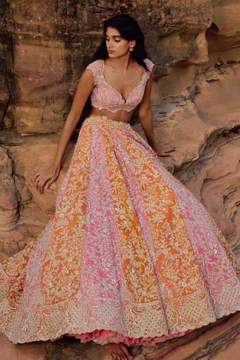 Shop_Anushree Reddy_Pink Organza Sweetheart Neck Vajra Embroidered Lehenga Set _Online_at_Aza_Fashions