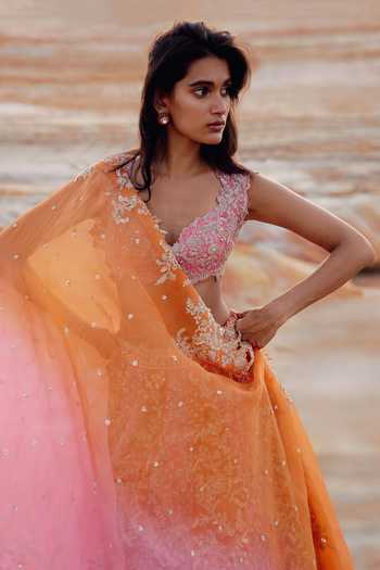 Buy_Anushree Reddy_Pink Organza Sweetheart Neck Vajra Embroidered Lehenga Set 