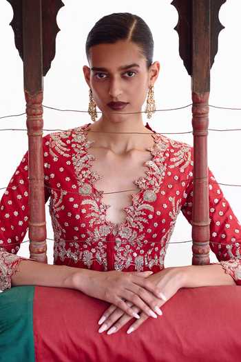 Anushree Reddy_Red Dupion Plunge Neck Athena Peplum Top And Lehenga Set _Online_at_Aza_Fashions