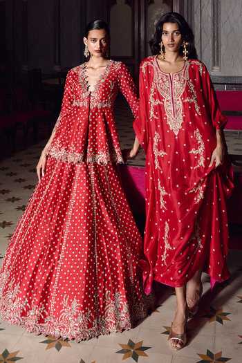 Buy_Anushree Reddy_Red Dupion Plunge Neck Athena Peplum Top And Lehenga Set _Online_at_Aza_Fashions
