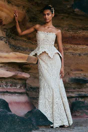 Anushree Reddy Ivory Tube Peplum Mermaid Top & Skirt Set
