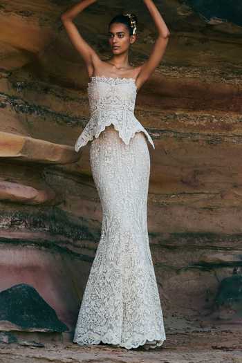 Anushree Reddy Ivory Tube Peplum Mermaid Top & Skirt Set