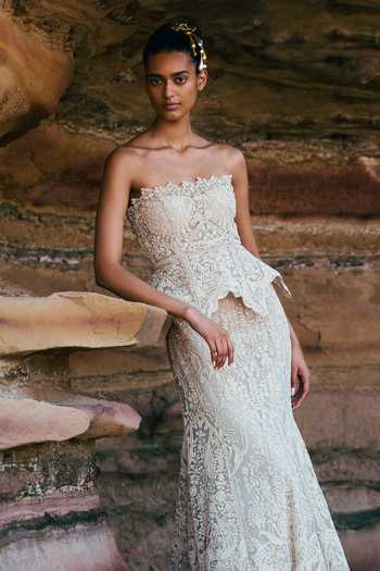 Anushree Reddy_Ivory Net Bandeau Neck Tube Peplum Mermaid Top And Skirt Set _Online_at_Aza_Fashions