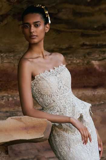 Buy_Anushree Reddy_Ivory Net Bandeau Neck Tube Peplum Mermaid Top And Skirt Set _Online_at_Aza_Fashions