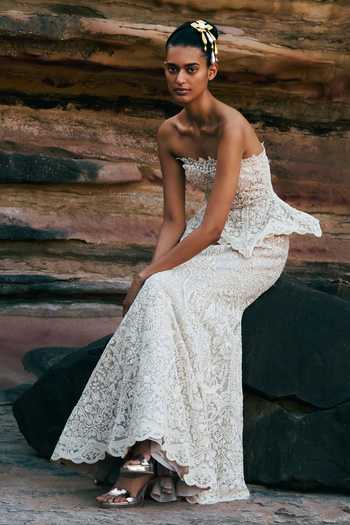Shop_Anushree Reddy_Ivory Net Bandeau Neck Tube Peplum Mermaid Top And Skirt Set _Online_at_Aza_Fashions