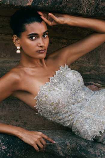 Buy_Anushree Reddy_Ivory Net Bandeau Neck Athena Peplum Top And Mermaid Skirt Set _Online_at_Aza_Fashions