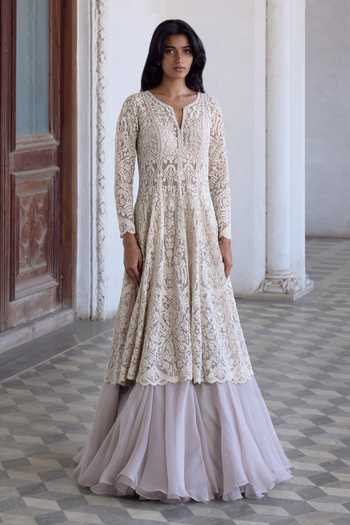 Anushree Reddy Carmine Embroidered Jacket Skirt Set