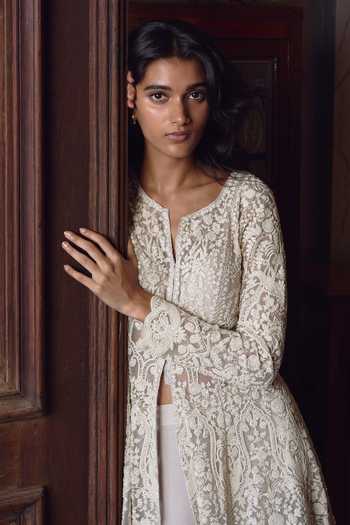 Buy_Anushree Reddy_Ivory Net, Raw Silk, Organza Split V-neck Carmine Embroidered Jacket Skirt Set _Online_at_Aza_Fashions