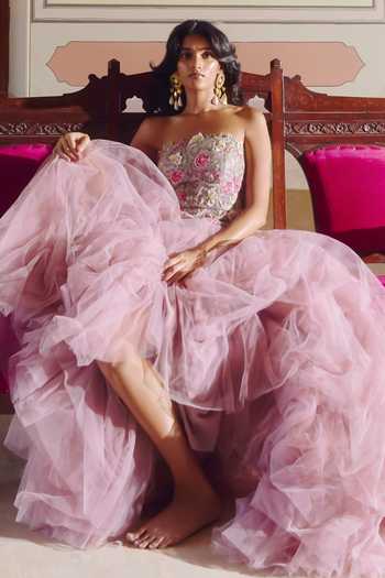 Buy_Anushree Reddy_Pink Organza, Net Bandeau Neck Umang Peplum Top And Flared Skirt Set _Online_at_Aza_Fashions