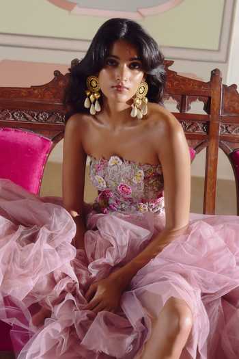 Shop_Anushree Reddy_Pink Organza, Net Bandeau Neck Umang Peplum Top And Flared Skirt Set _Online_at_Aza_Fashions
