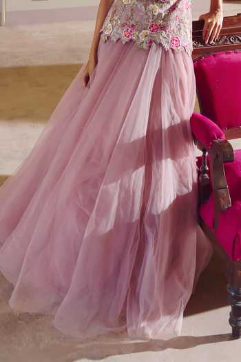 Anushree Reddy_Pink Organza, Net Bandeau Neck Umang Peplum Top And Flared Skirt Set _at_Aza_Fashions