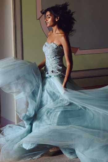 Anushree Reddy_Blue Organza, Net Bandeau Neck Cutwork Top And Flared Skirt Set _Online_at_Aza_Fashions