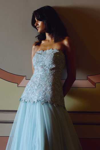 Buy_Anushree Reddy_Blue Organza, Net Bandeau Neck Cutwork Top And Flared Skirt Set _Online_at_Aza_Fashions