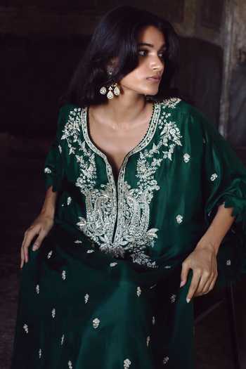 Buy_Anushree Reddy_Green Dupion, Crepe Split V-neck Amra Embroidered Kaftan Set _Online_at_Aza_Fashions